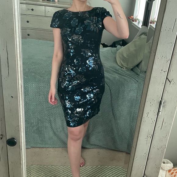 Calvin Klein Blue Floral Sequin Dress With Cowl Back Detail - Picture 7 of 14